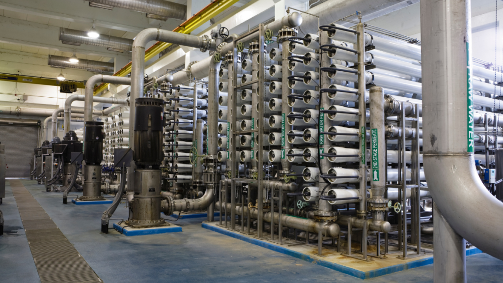 Racks of reverse osmosis filtration vessels used to turn sea water into potable drinking water 
